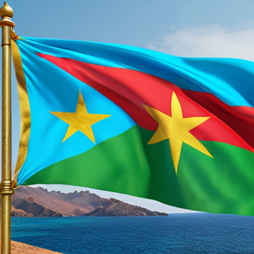 Home 11 Eritrean flag waving in the wind: A vibrant flag with green, blue, and red sections, featuring an olive branch in the center, symbolizing Eritrea's land, sea, and peace.