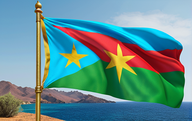 Eritrean flag waving in the wind: A vibrant flag with green, blue, and red sections, featuring an olive branch in the center, symbolizing Eritrea's land, sea, and peace.