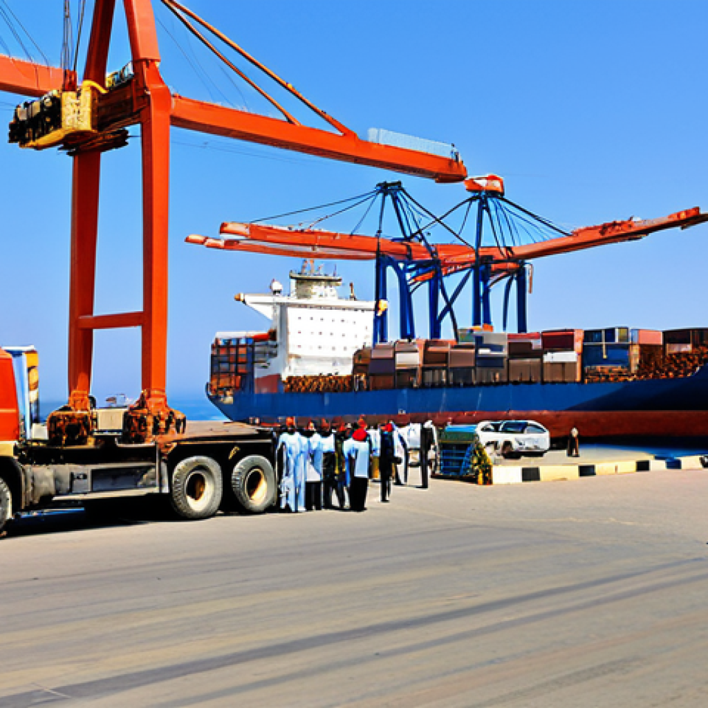 **
A bustling scene at Massawa Port in Eritrea. Show cargo ships being loaded and unloaded, with containers being moved by cranes. Include fully clothed dockworkers in appropriate work attire. The architecture should reflect a blend of historical and modern styles. In the background, show the Red Sea. Ensure perfect anatomy and correct proportions. Safe for work, appropriate content, professional, modest, family-friendly. High quality, detailed, realistic.
**