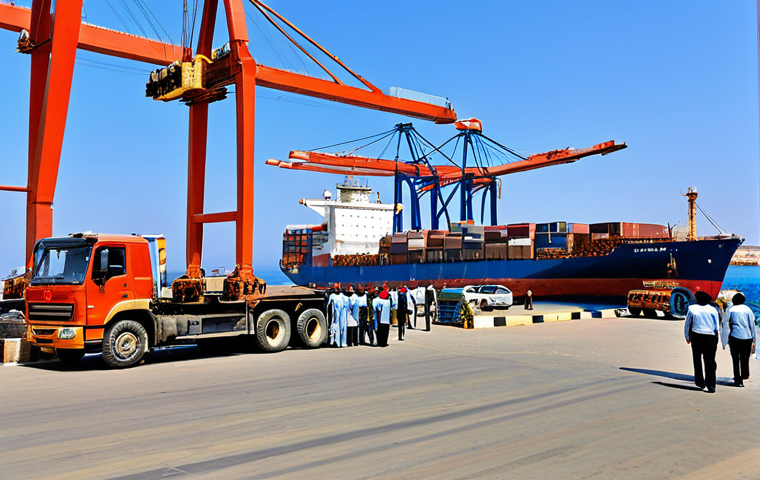 **
A bustling scene at Massawa Port in Eritrea. Show cargo ships being loaded and unloaded, with containers being moved by cranes. Include fully clothed dockworkers in appropriate work attire. The architecture should reflect a blend of historical and modern styles. In the background, show the Red Sea. Ensure perfect anatomy and correct proportions. Safe for work, appropriate content, professional, modest, family-friendly. High quality, detailed, realistic.
**
