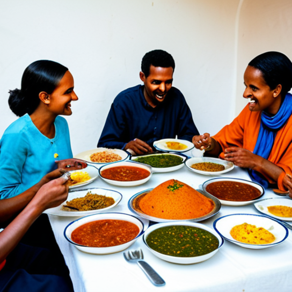 Traditional Eritrean Meal**
"A family-friendly scene of Eritreans sharing a meal, featuring injera with colorful stews (zigni, hamli, alicha), served on a large communal platter, fully clothed, modest clothing, safe for work, appropriate content, perfect anatomy, natural proportions, warm indoor lighting, professional food photography, high quality"
**