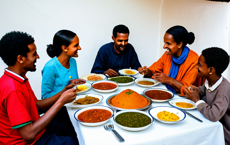 Traditional Eritrean Meal**
"A family-friendly scene of Eritreans sharing a meal, featuring injera with colorful stews (zigni, hamli, alicha), served on a large communal platter, fully clothed, modest clothing, safe for work, appropriate content, perfect anatomy, natural proportions, warm indoor lighting, professional food photography, high quality"
**