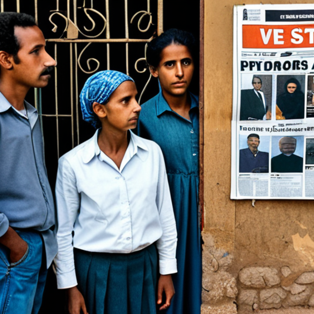 **Image Prompt:** A group of fully clothed, concerned-looking Eritrean citizens in modest clothing, standing near a closed newspaper stand in Asmara, Eritrea. Background shows a bleak, controlled environment. Emphasize feelings of oppression and lack of free speech. Safe for work, appropriate content, family-friendly, perfect anatomy, correct proportions, natural pose, professional quality.