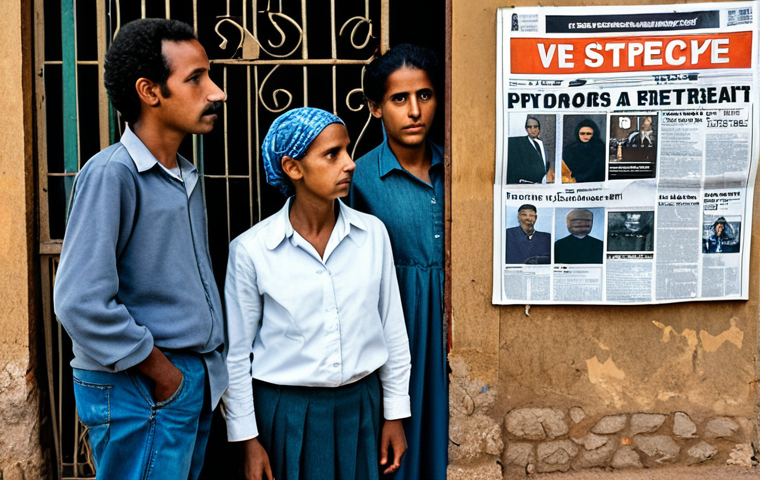 **Image Prompt:** A group of fully clothed, concerned-looking Eritrean citizens in modest clothing, standing near a closed newspaper stand in Asmara, Eritrea. Background shows a bleak, controlled environment. Emphasize feelings of oppression and lack of free speech. Safe for work, appropriate content, family-friendly, perfect anatomy, correct proportions, natural pose, professional quality.