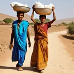 에리트레아 빈민 지역 - **Prompt:** A group of resilient Eritrean villagers, including men, women, and children, performing ...