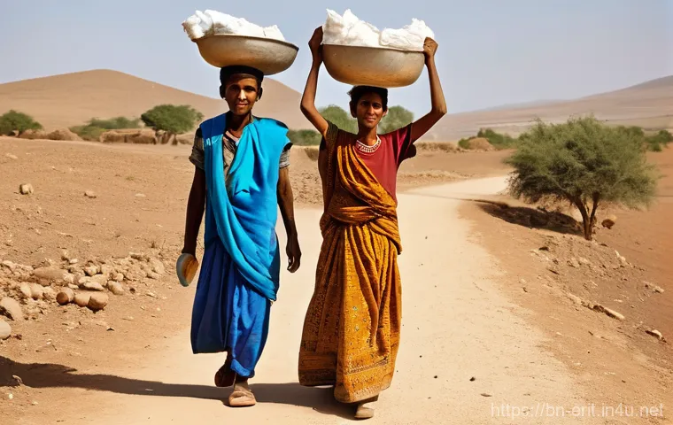 에리트레아 빈민 지역 - **Prompt:** A group of resilient Eritrean villagers, including men, women, and children, performing ...